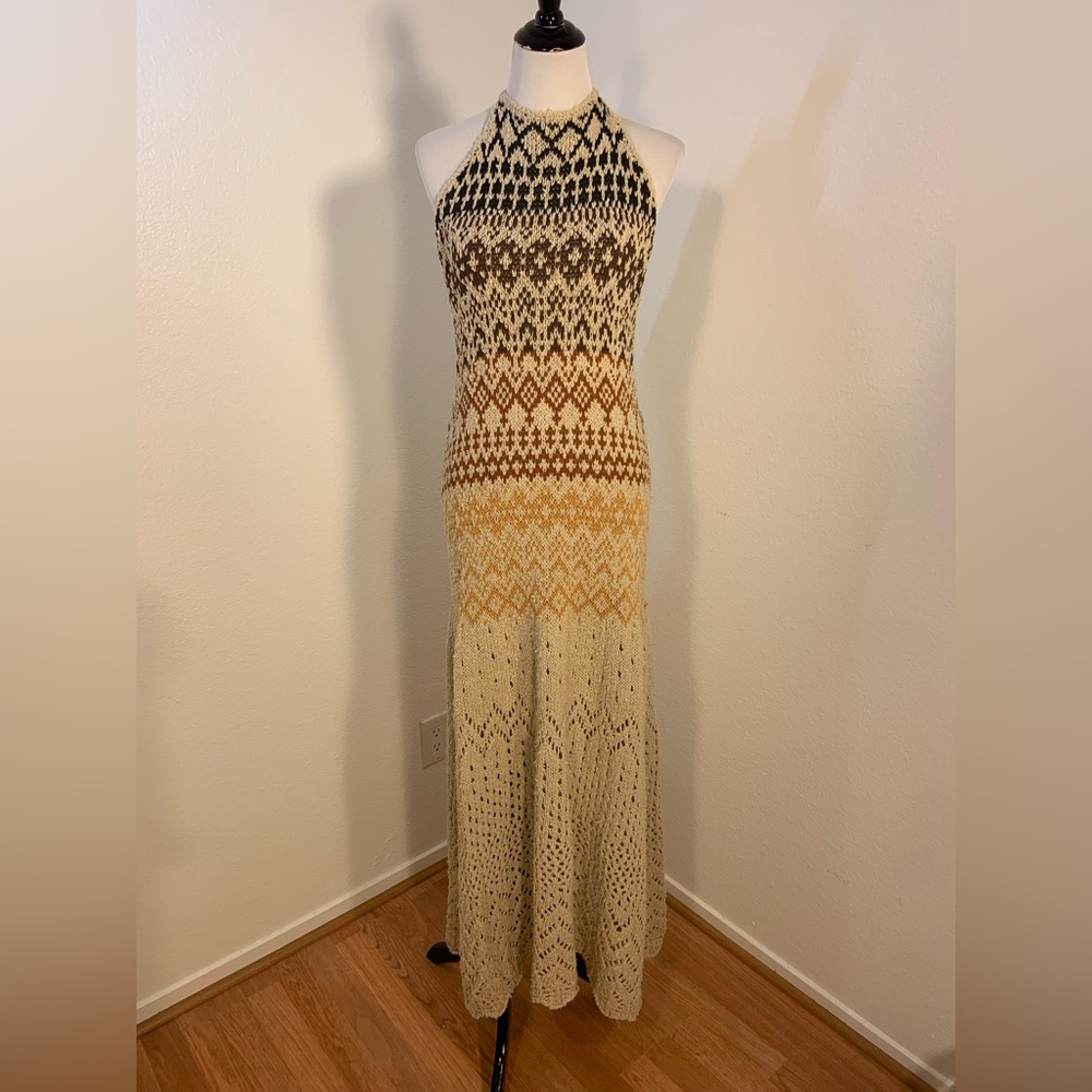 NWOT Free People Ikat Oasis Maxi Dress Halter Crochet Print Knit Backless Ivory - Picture 7 of 12